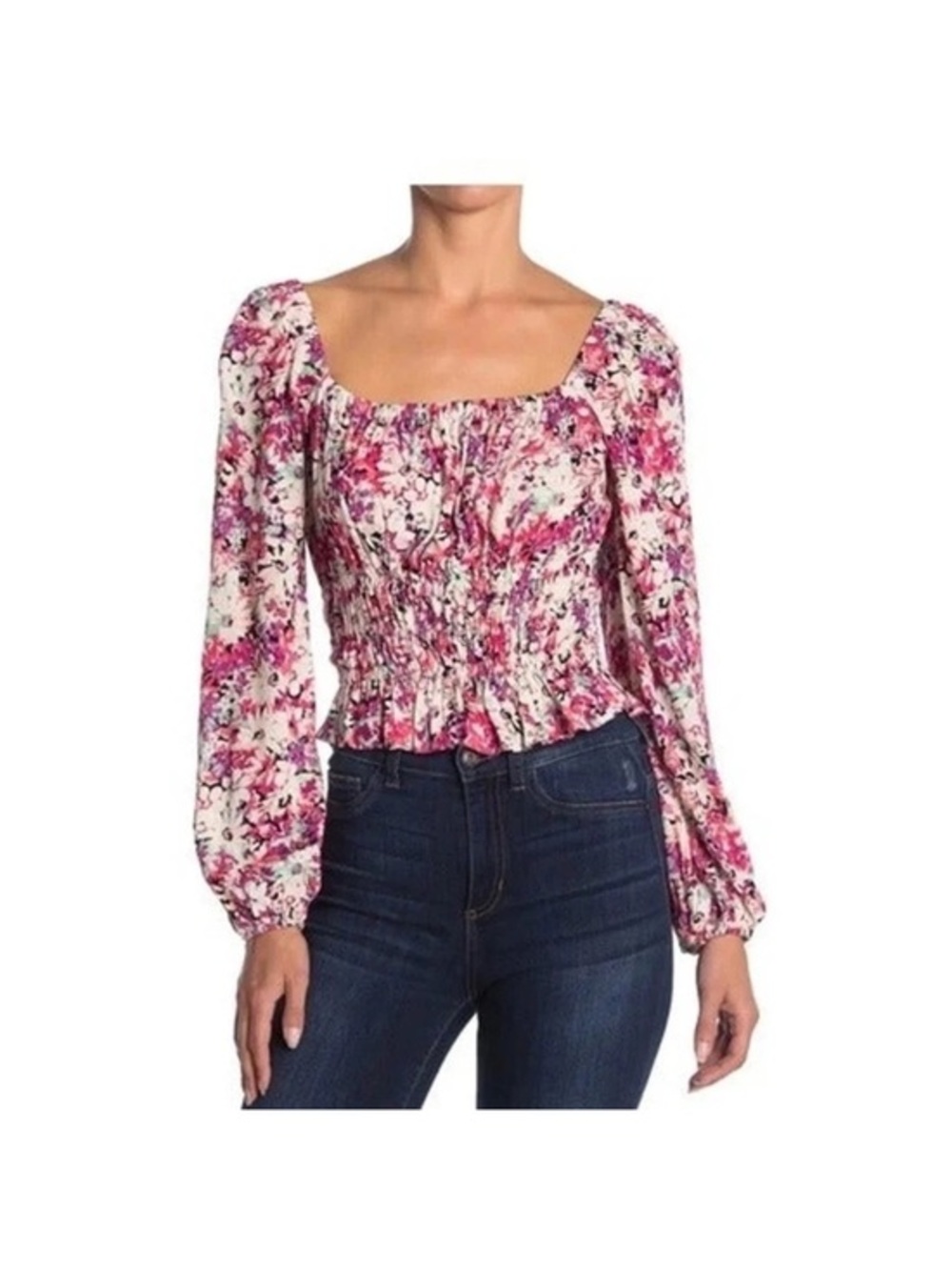 ASTR the Label Floral Smocked Long-Sleeve Crop Top in Pink Small